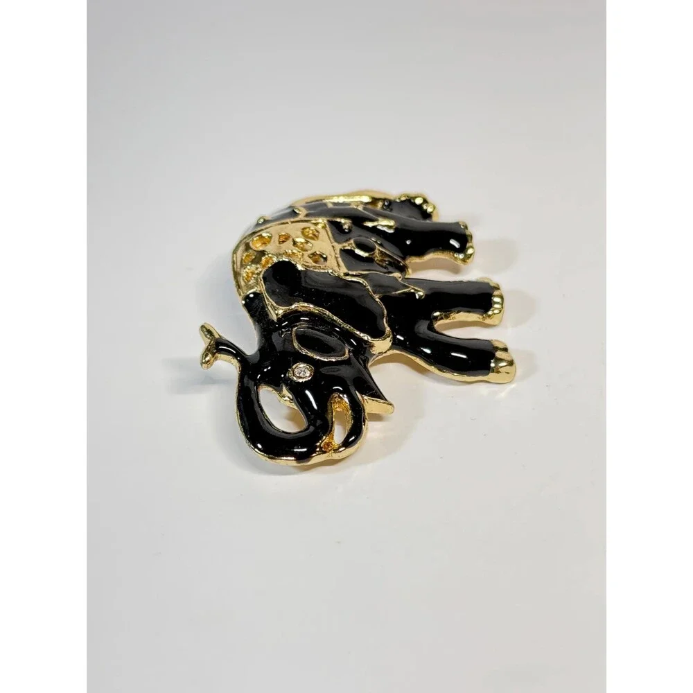 Vintage Black Enamel Elephant Brooch Gold Tone Rhinestone Figural Pin